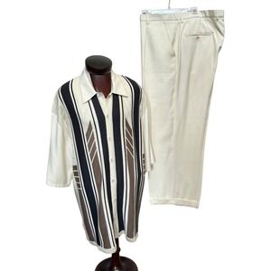 Michael Irvin Vtg XXL Two-Piece Mens Outfit With Striped Shirt & Cream Pants Set